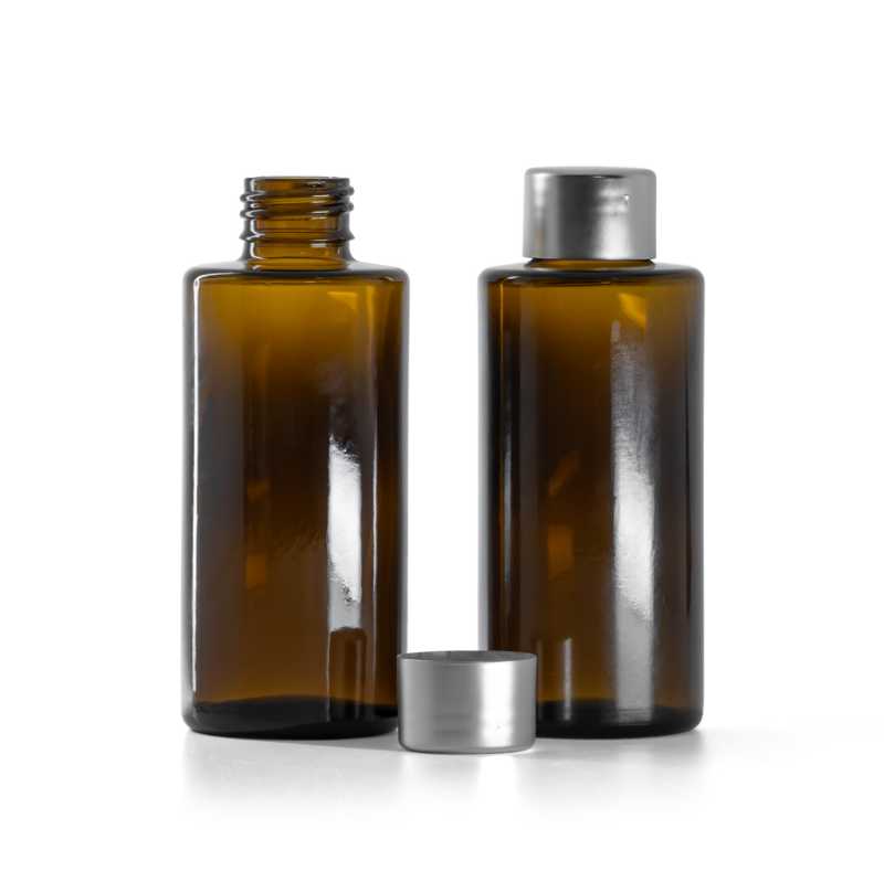 Bottiglia in vetro ambra, tappo diritto, 24 mm, tappo argento, 100 ml