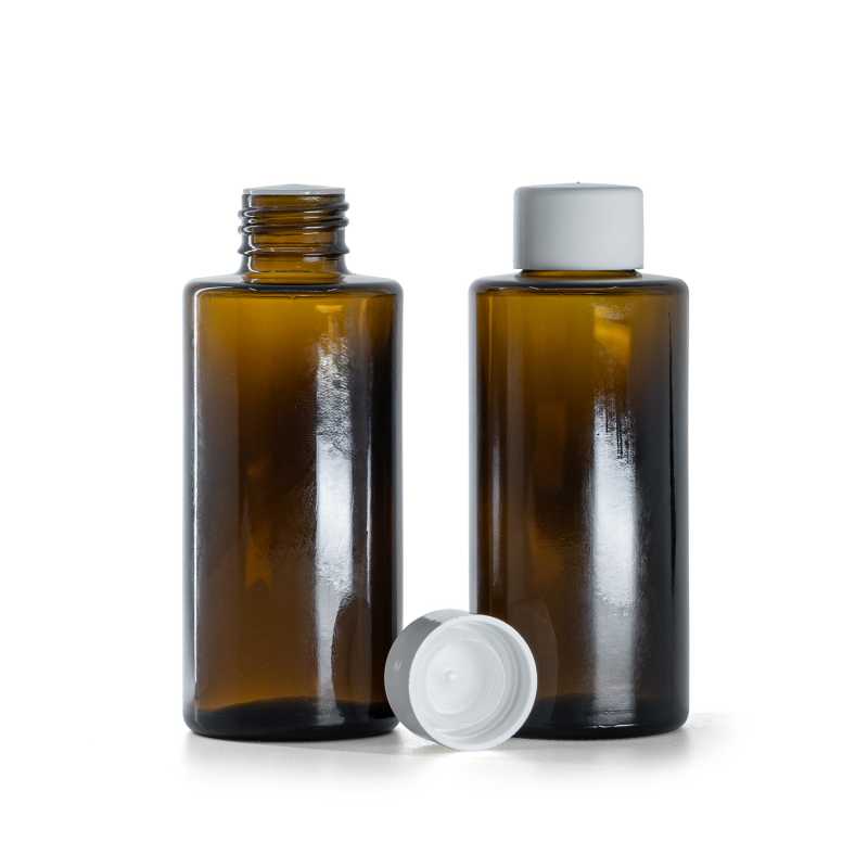 Bottiglia in vetro ambra, tappo liscio bianco con riduttore, 100 ml