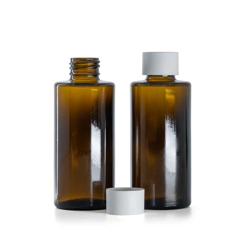 Bottiglia in vetro, ambra, tappo bianco opaco, 100 ml