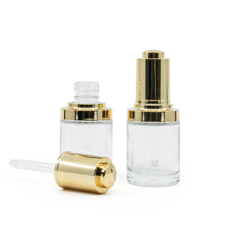 Flacone in vetro, trasparente, contagocce a pressione oro lucido, 30 ml