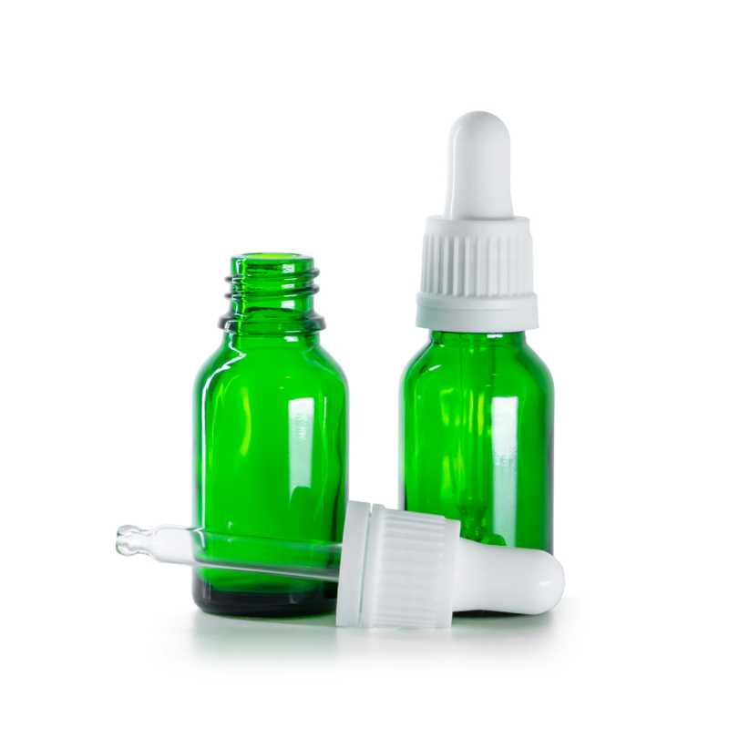 Bottiglia in vetro, verde, contagocce bianco, 15 ml