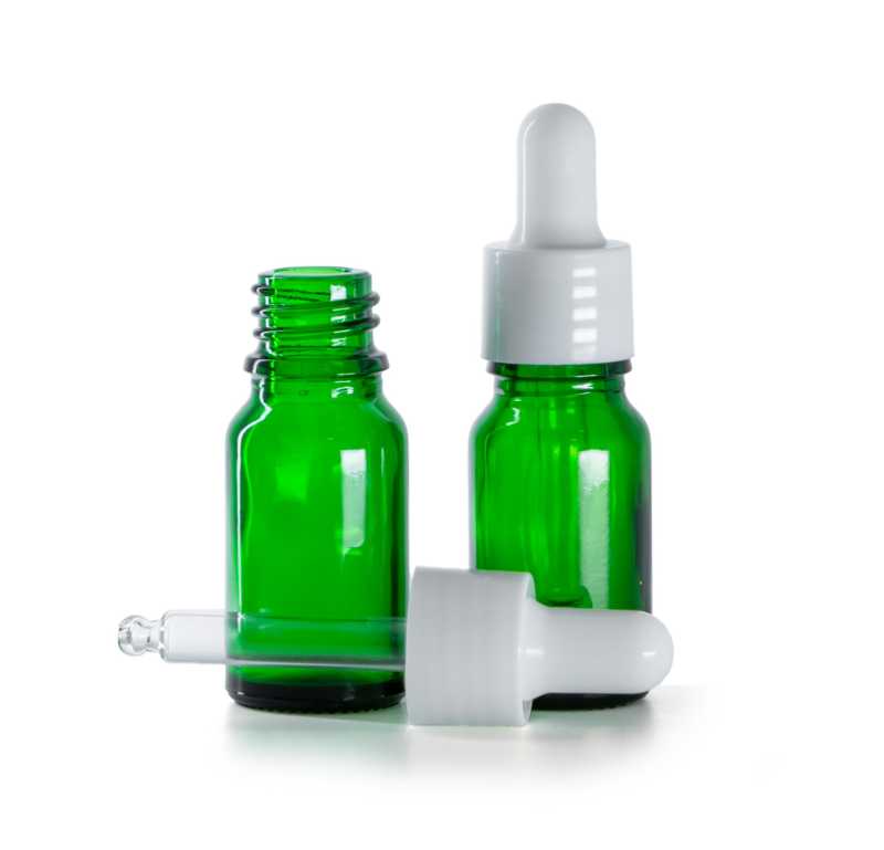 Flacone in vetro, verde, contagocce bianco lucido, 10 ml
