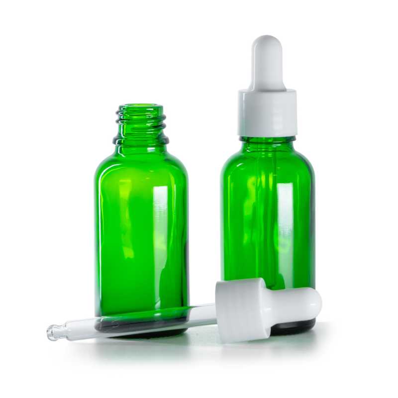 Bottiglia in vetro, verde, contagocce bianco lucido, 30 ml