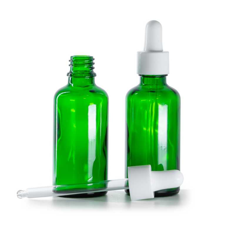 Bottiglia in vetro, verde, contagocce bianco lucido, 50 ml