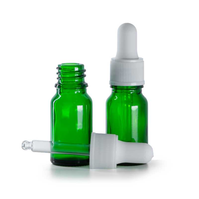 Flacone in vetro, verde, contagocce bianco opaco, 10 ml