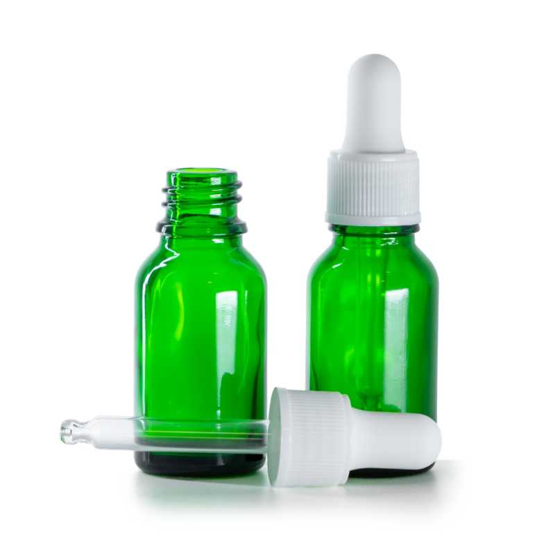 Flacone in vetro, verde, contagocce bianco opaco, 15 ml