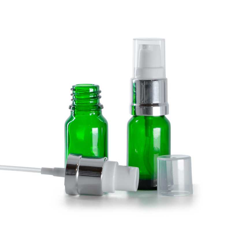 Bottiglia in vetro, verde, dosatore bianco argento lucido, 10 ml