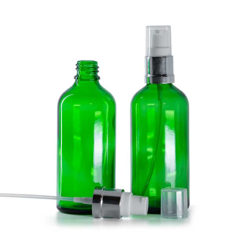 Bottiglia in vetro, verde, dosatore bianco e argento lucido, 100 ml