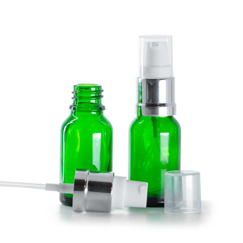 Bottiglia in vetro, verde, dispenser bianco argento lucido, 15 ml