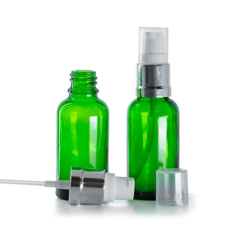 Bottiglia in vetro, verde, dosatore bianco argento lucido, 30 ml