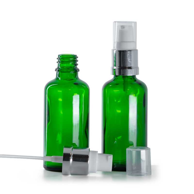 Bottiglia in vetro, verde, dosatore bianco argento lucido, 50 ml
