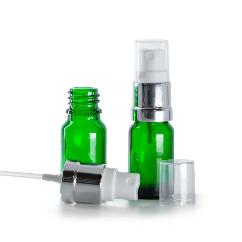 Flacone in vetro, verde, spruzzatore bianco argento lucido, 10 ml