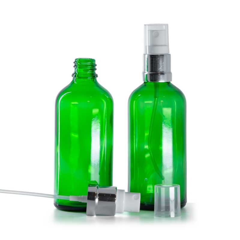 Bottiglia in vetro, verde, spruzzatore bianco argento, 100 ml