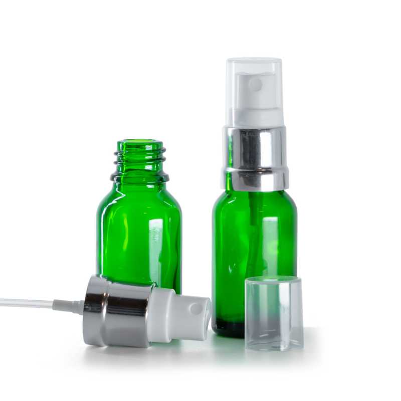 Flacone in vetro, verde, spruzzatore bianco e argento, 15 ml