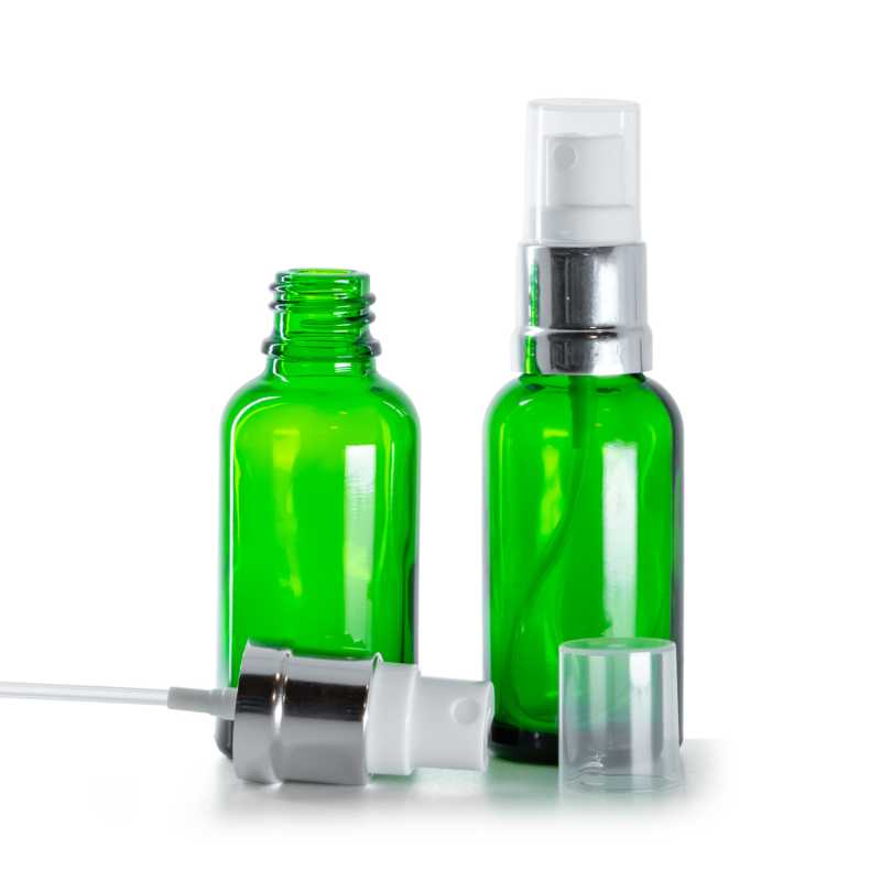 Bottiglia in vetro, verde, spruzzatore, bianco argento, 30 ml