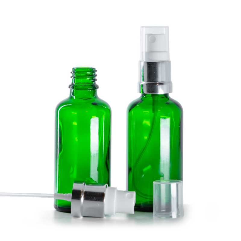 Bottiglia in vetro, verde, spruzzatore bianco argento lucido, 50 ml