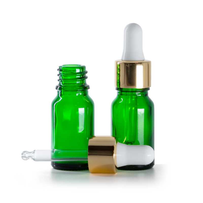 Flacone in vetro, verde, contagocce bianco oro, 10 ml