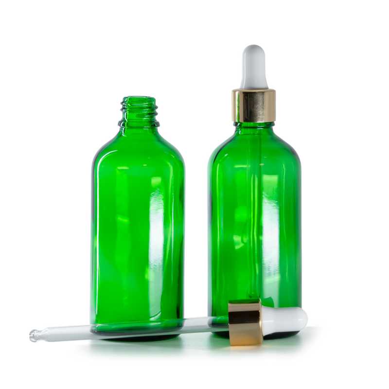 Bottiglia in vetro, verde, contagocce bianco e oro, 100 ml