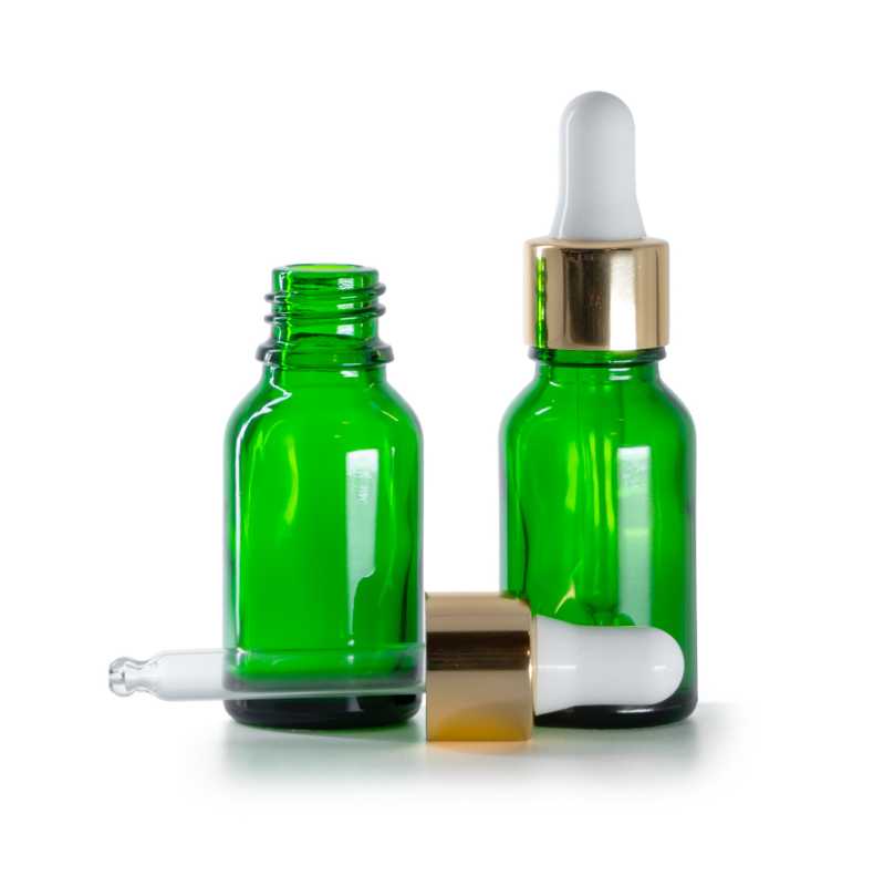 Contenitore in vetro, verde, contagocce bianco oro, 15 ml
