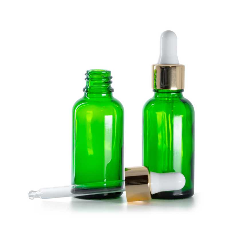 Flacone in vetro, verde, contagocce bianco e oro, 30 ml