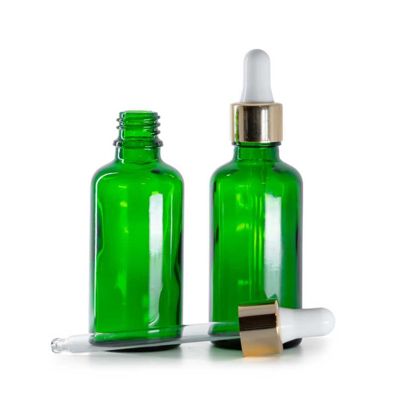 Flacone in vetro, verde, contagocce bianco oro, 50 ml