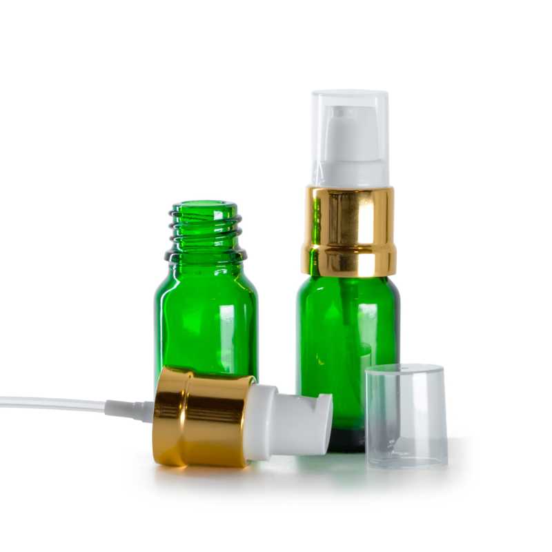 Flacone in vetro verde, dosatore bianco dorato lucido, 10 ml