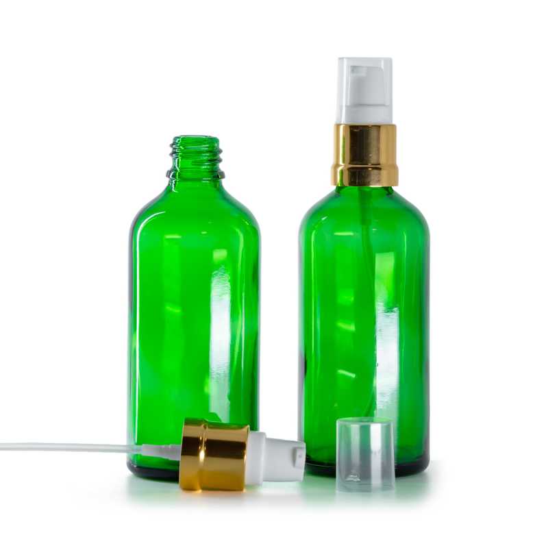 Flacone in vetro, verde, dosatore bianco oro lucido, 100 ml