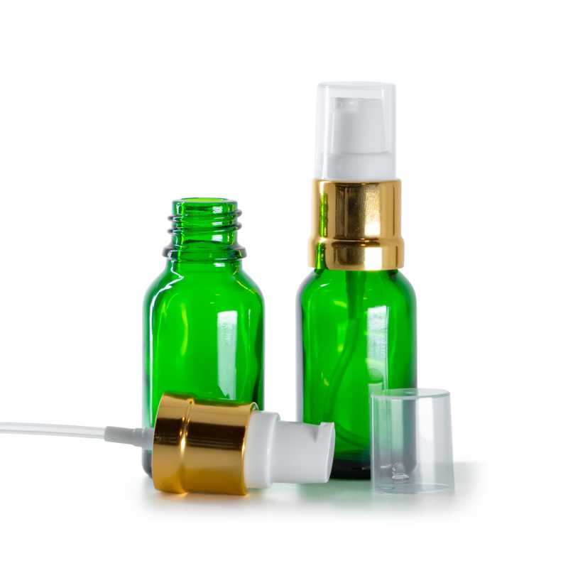 Flacone in vetro, verde, dosatore bianco oro lucido, 15 ml