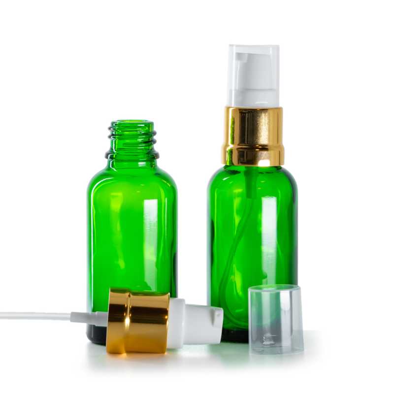 Flacone in vetro, verde, dosatore bianco dorato lucido, 30 ml