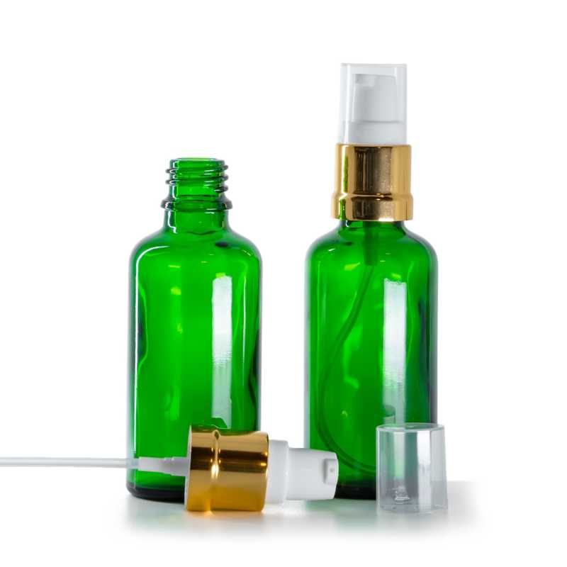 Bottiglia in vetro, verde, dosatore bianco e oro lucido, 50 ml
