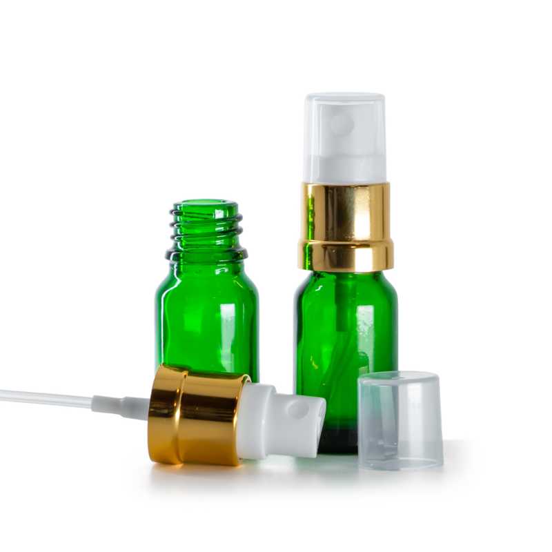 Contenitore, vetro, verde, spruzzatore bianco dorato, 10 ml