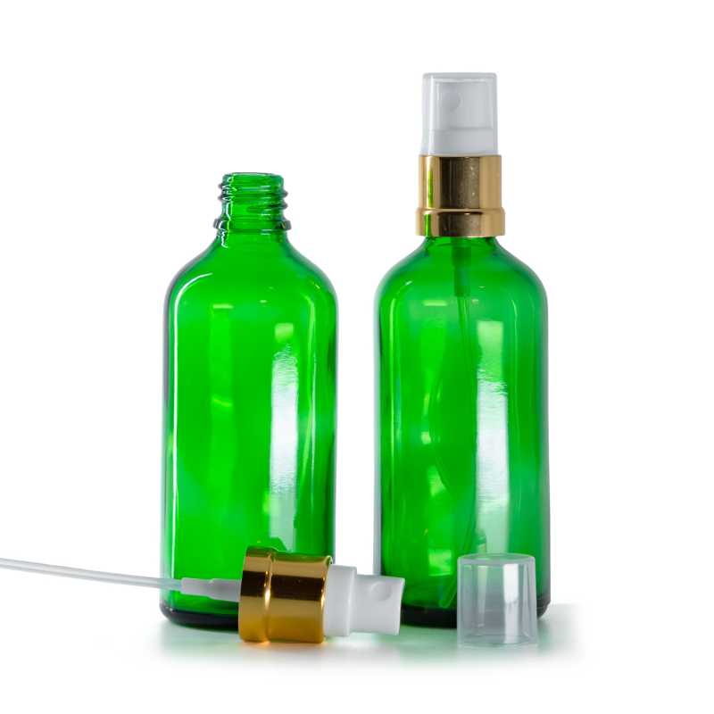 Bottiglia in vetro verde, spruzzatore bianco oro lucido, 100 ml