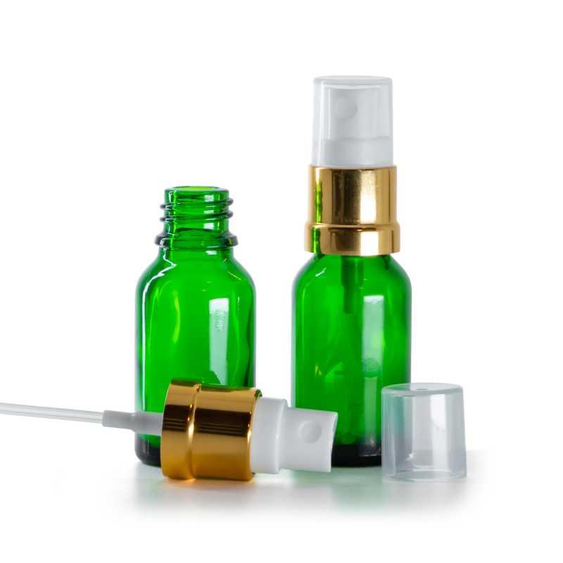 Bottiglia in vetro, verde, spruzzatore, bianco e oro, 15 ml