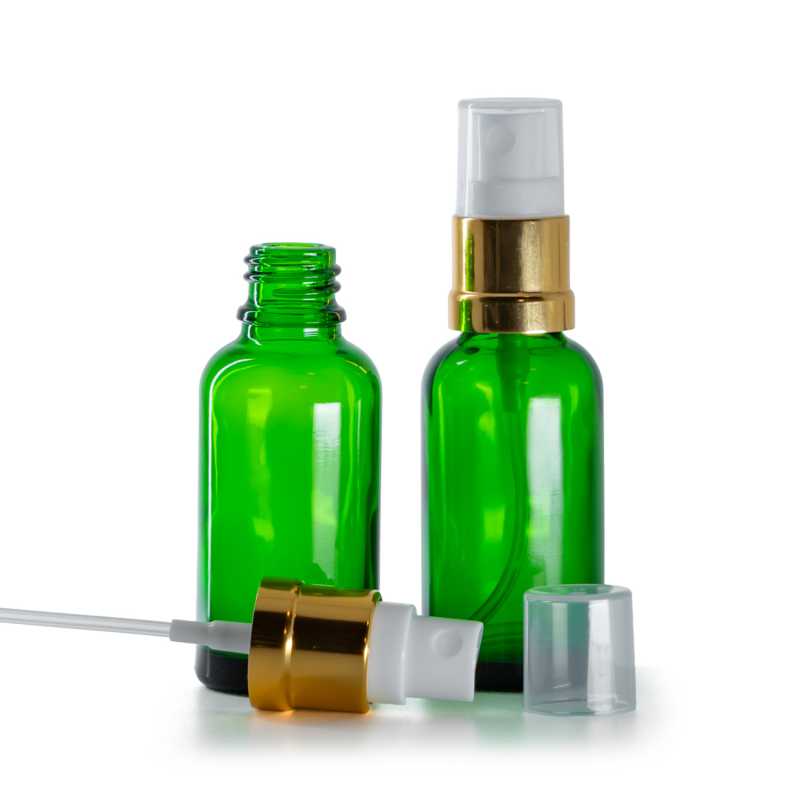 Bottiglia in vetro, verde, spruzzatore bianco oro lucido, 30 ml