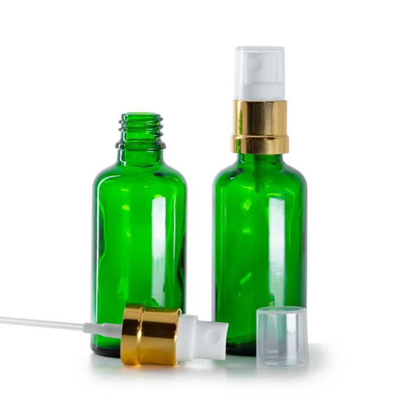 Flacone in vetro, verde, spruzzatore bianco oro, 50 ml