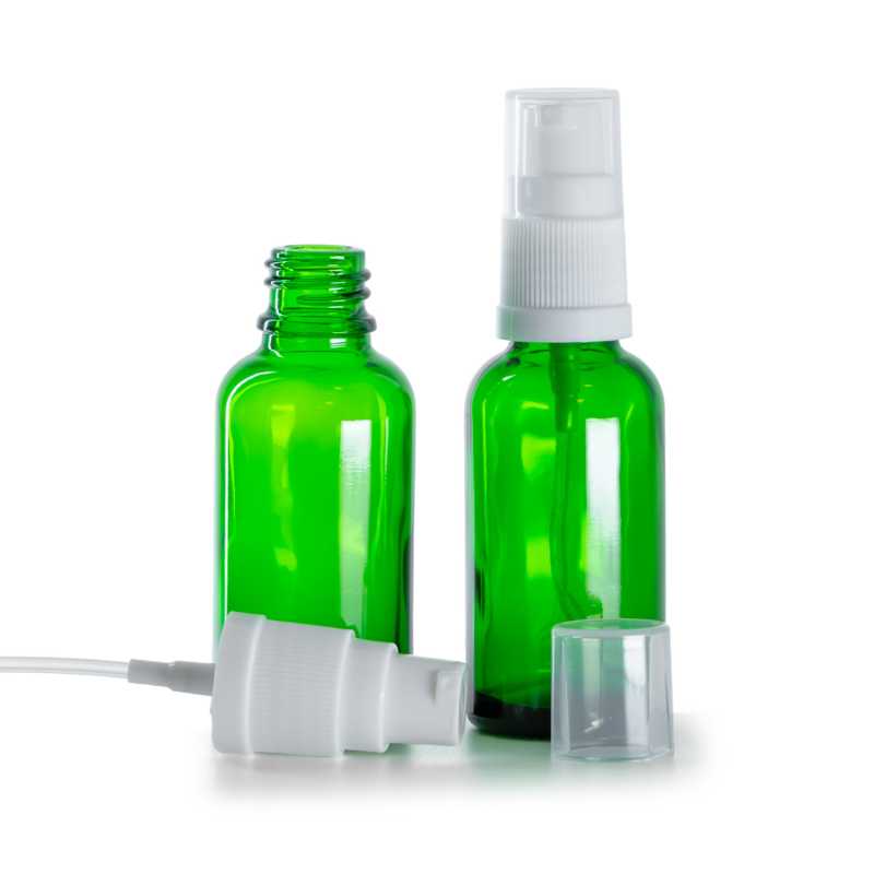 Bottiglia in vetro, verde, dosatore lozione bianco, 30 ml