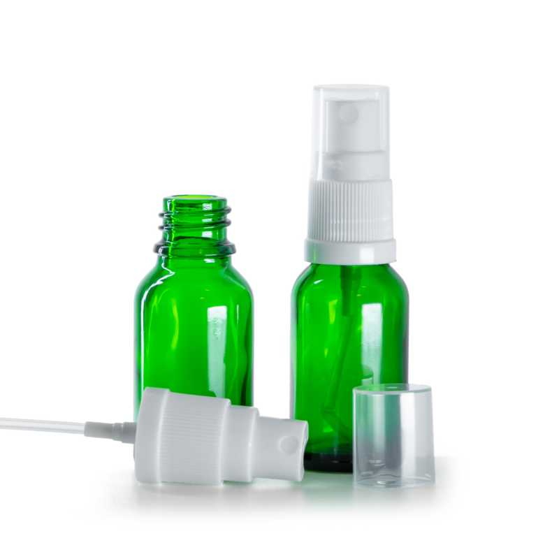 Bottiglia in vetro, verde, spruzzatore bianco, 15 ml