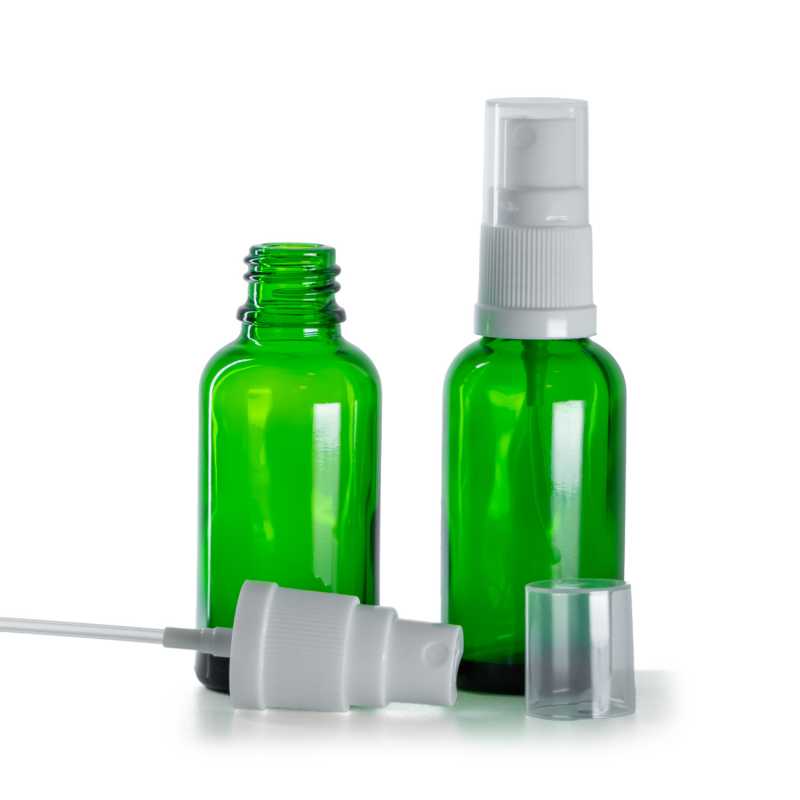 Flacone in vetro, verde, spruzzatore bianco, 30 ml