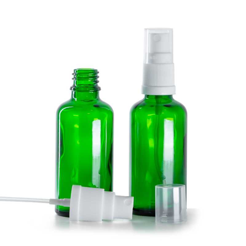 Flacone in vetro, verde, spruzzatore bianco, 50 ml