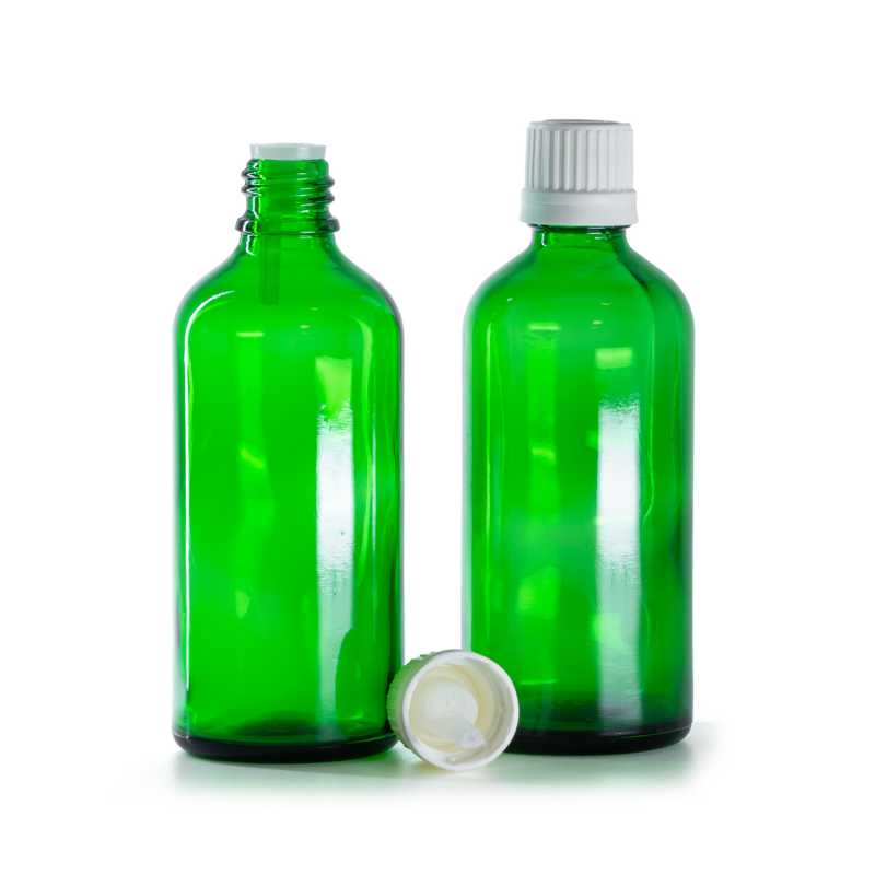 Flacone di vetro verde, tappo bianco con contagocce, 100 ml