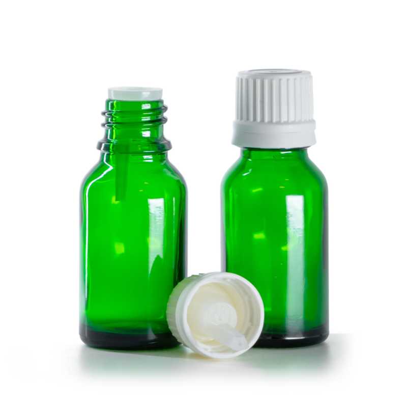 Flaconcino di vetro verde, tappo bianco con contagocce interno, 15 ml