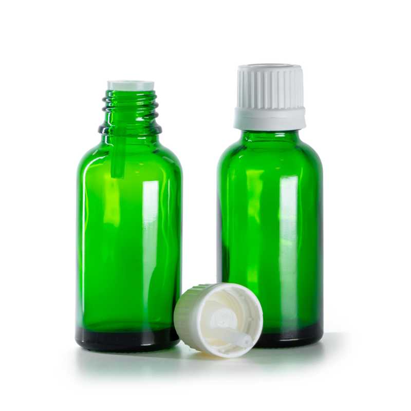 Flaconcino di vetro verde, tappo bianco con contagocce interno, 30 ml