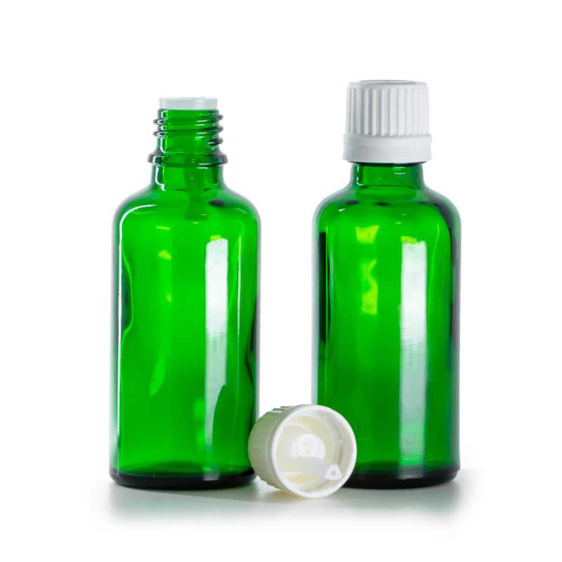 Flacone di vetro verde, tappo bianco con contagocce, 50 ml