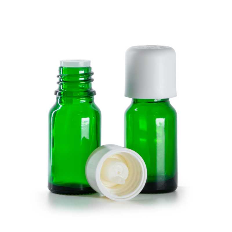 Bottiglia in vetro, verde, tappo di sicurezza bianco con contagocce, 10 ml