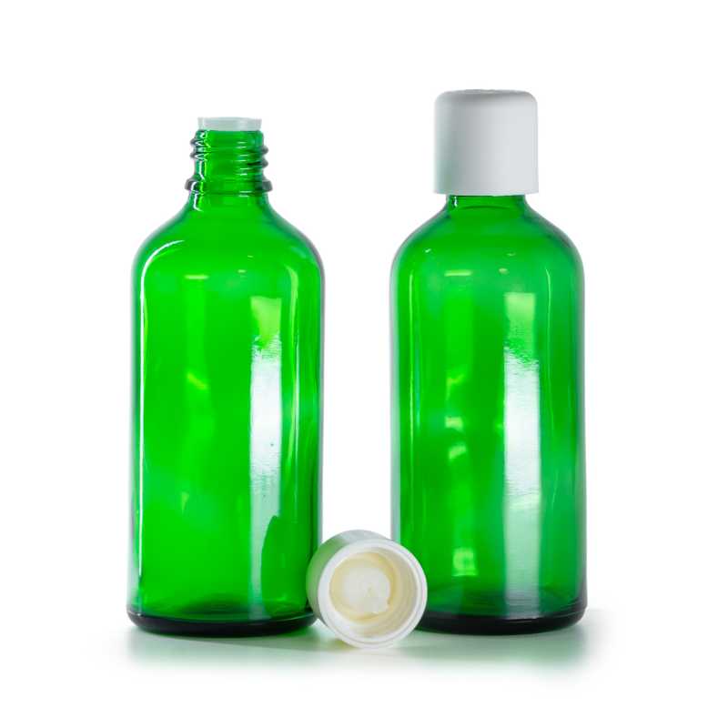Flacone in vetro, contagocce, verde, tappo di sicurezza bianco, 100 ml