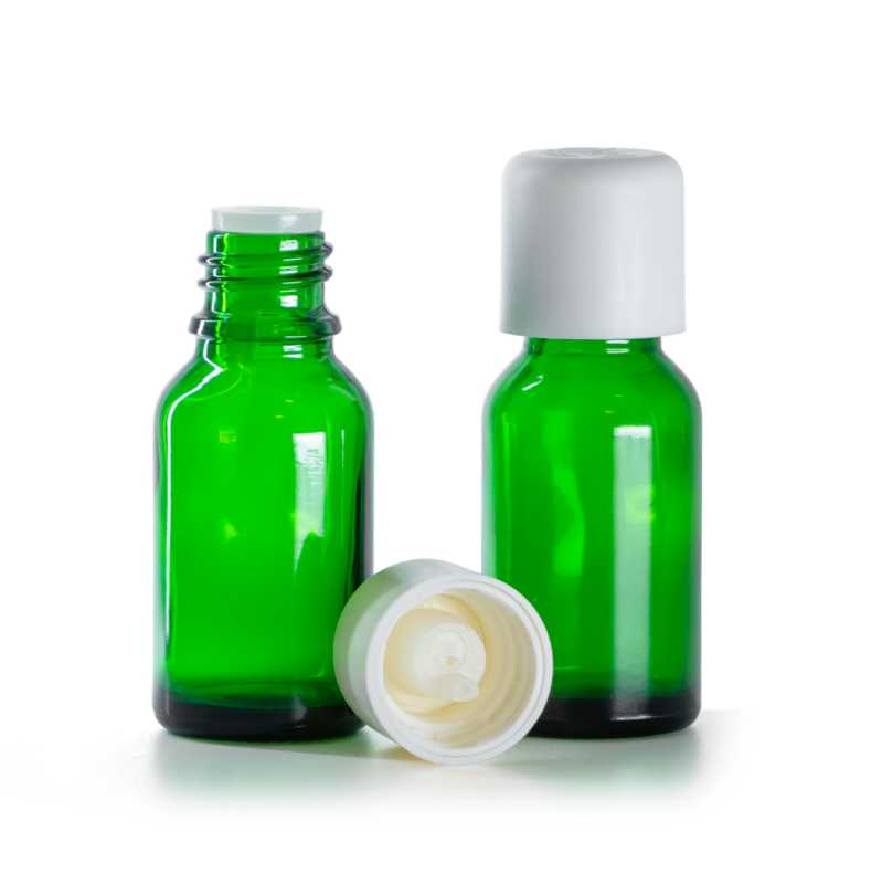 Bottiglia in vetro, verde, tappo dosatore di sicurezza bianco, 15 ml