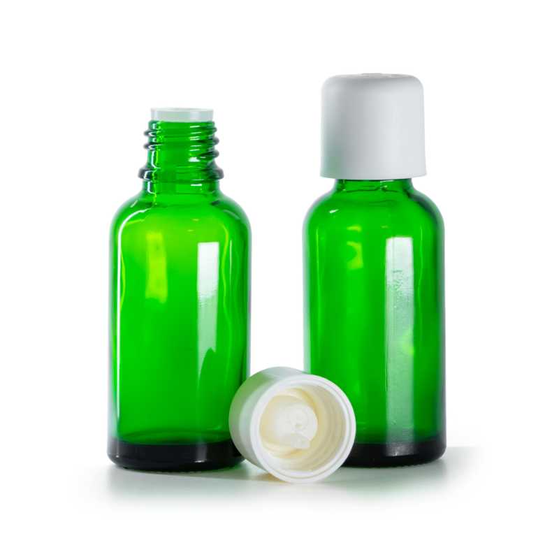 Flacone in vetro, verde, tappo di sicurezza bianco con contagocce, 30 ml