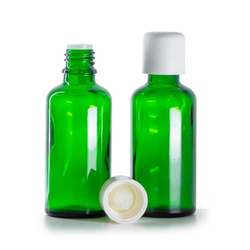 Bottiglia in vetro, verde, tappo di sicurezza bianco con contagocce, 50 ml