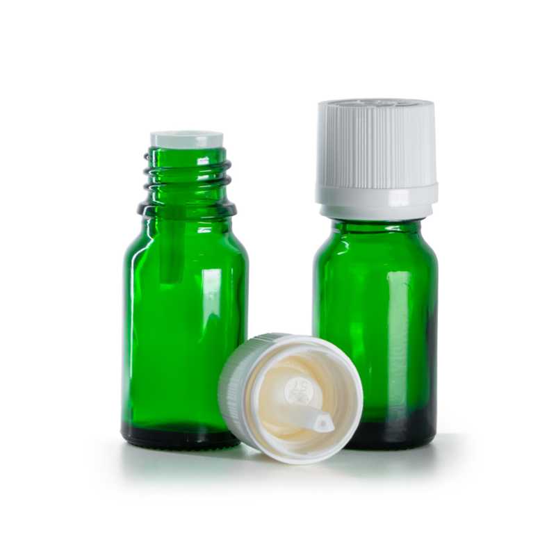 Bottiglia in vetro, verde, tappo di sicurezza antimanomissione bianco con contagocce, 10 ml