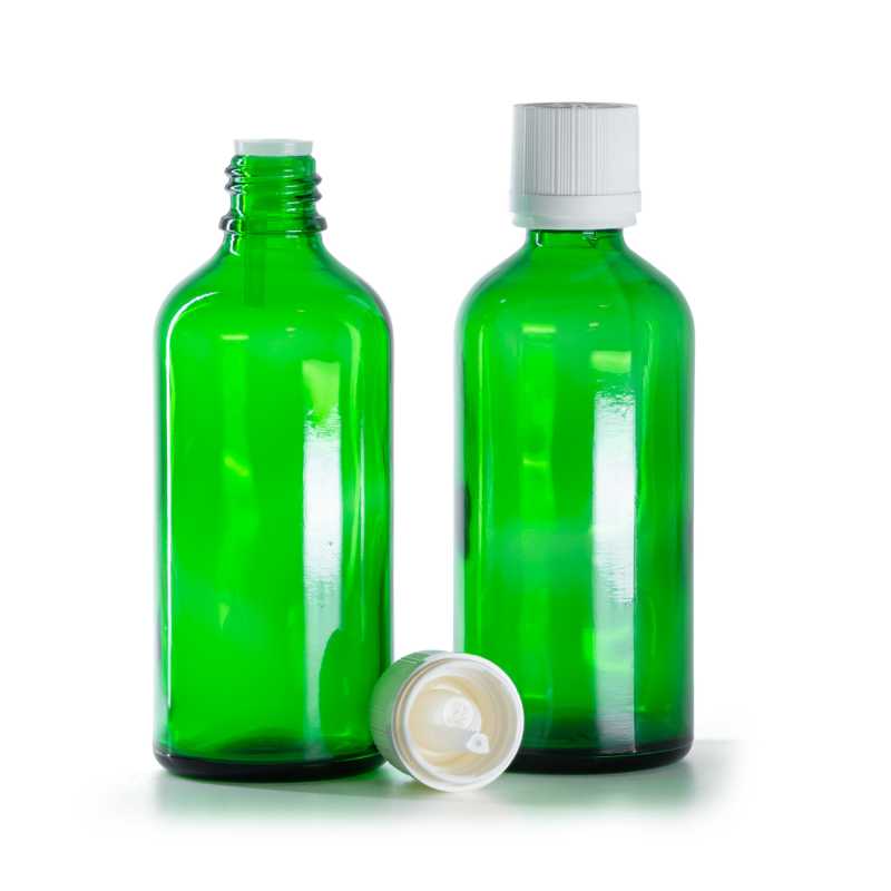 Flacone in vetro, verde, tappo di sicurezza antimanomissione bianco con contagocce, 100 ml